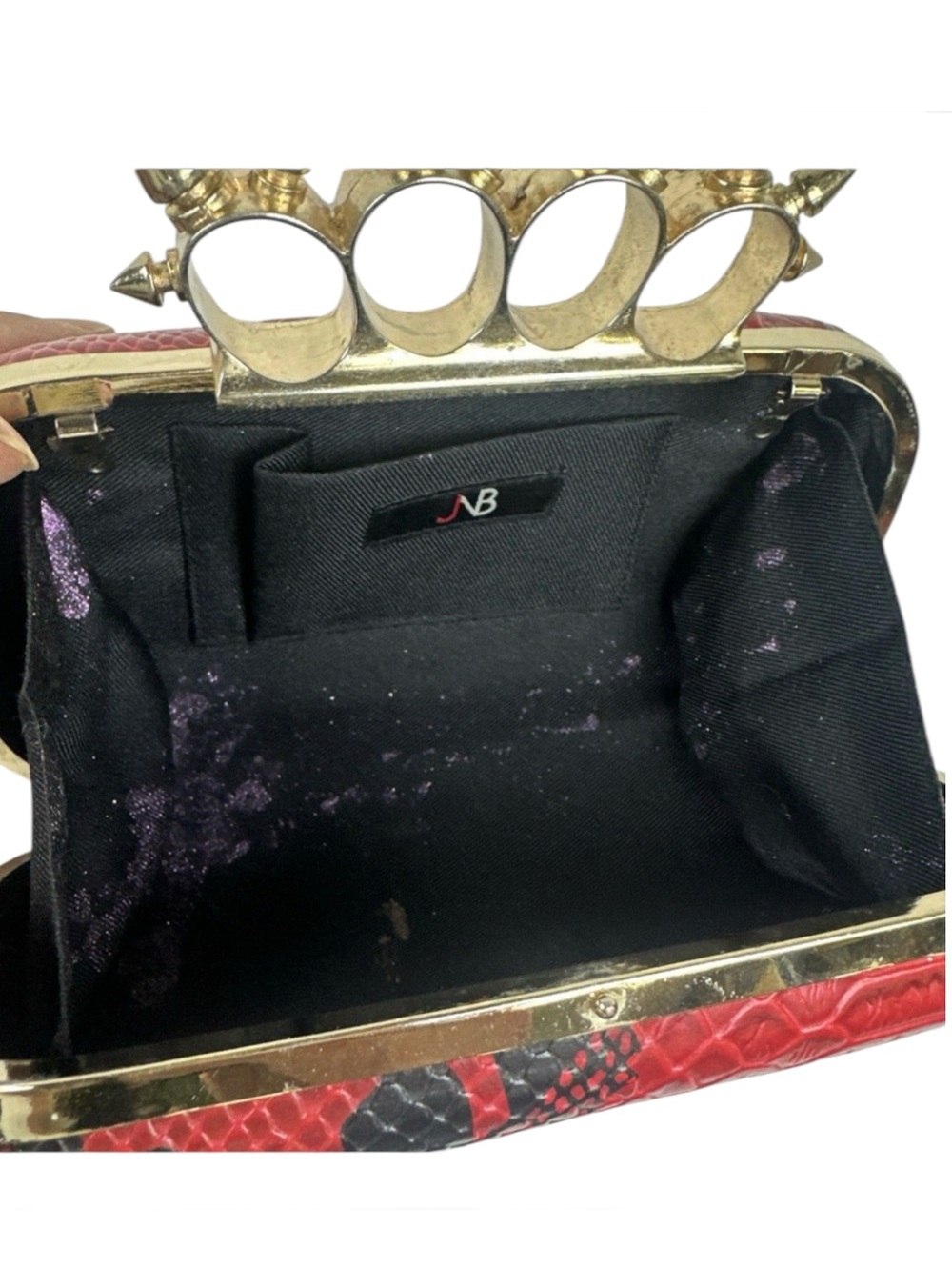 Vintage Red Snake-Embossed Spike Knuckle Clutch Crossbody. - Picture 5 of 12
